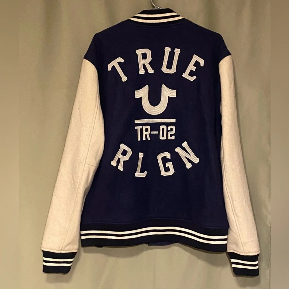 True Religion Buddha Varsity TR-02 Jacket Blue White Wool Blend Men’s 2XL